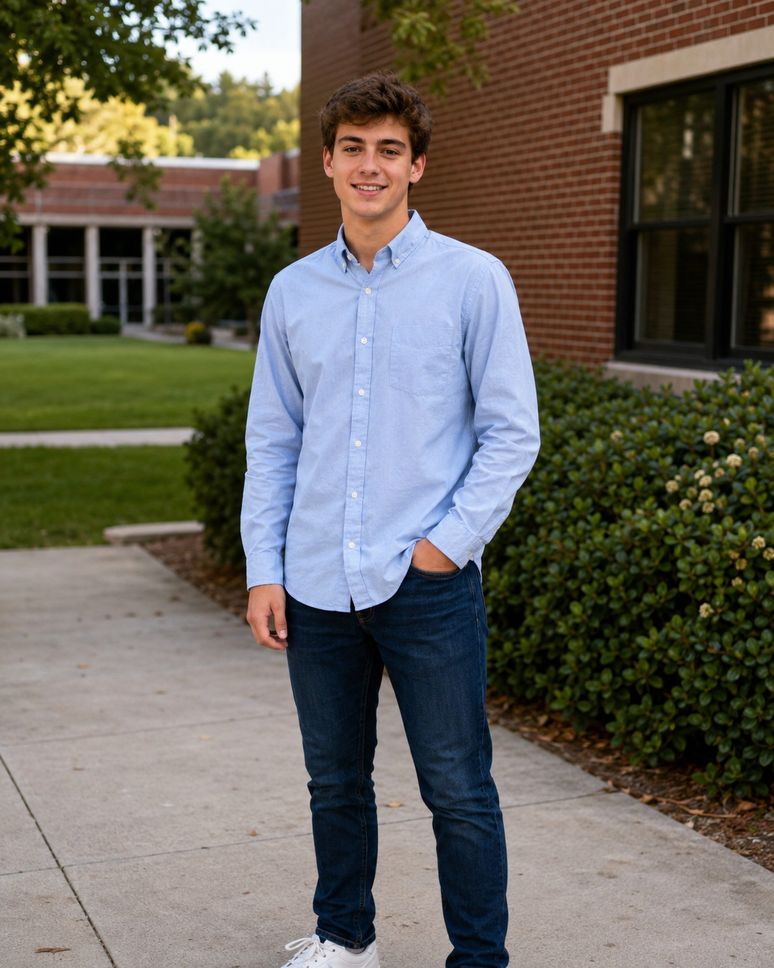 Young man in light blue button-down shirt and dark jeans smiling outdoors near a brick building.