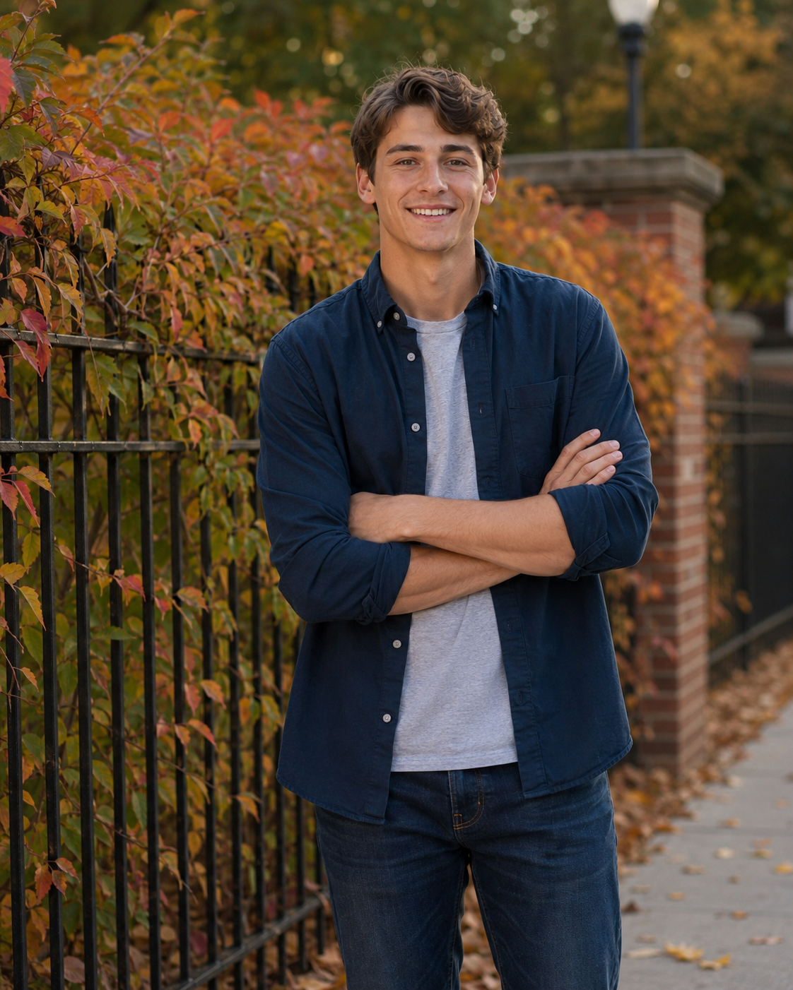 Smiling young man with crossed arms wearing a navy shirt and jeans, posing outdoors near a fence with fall foliage.
