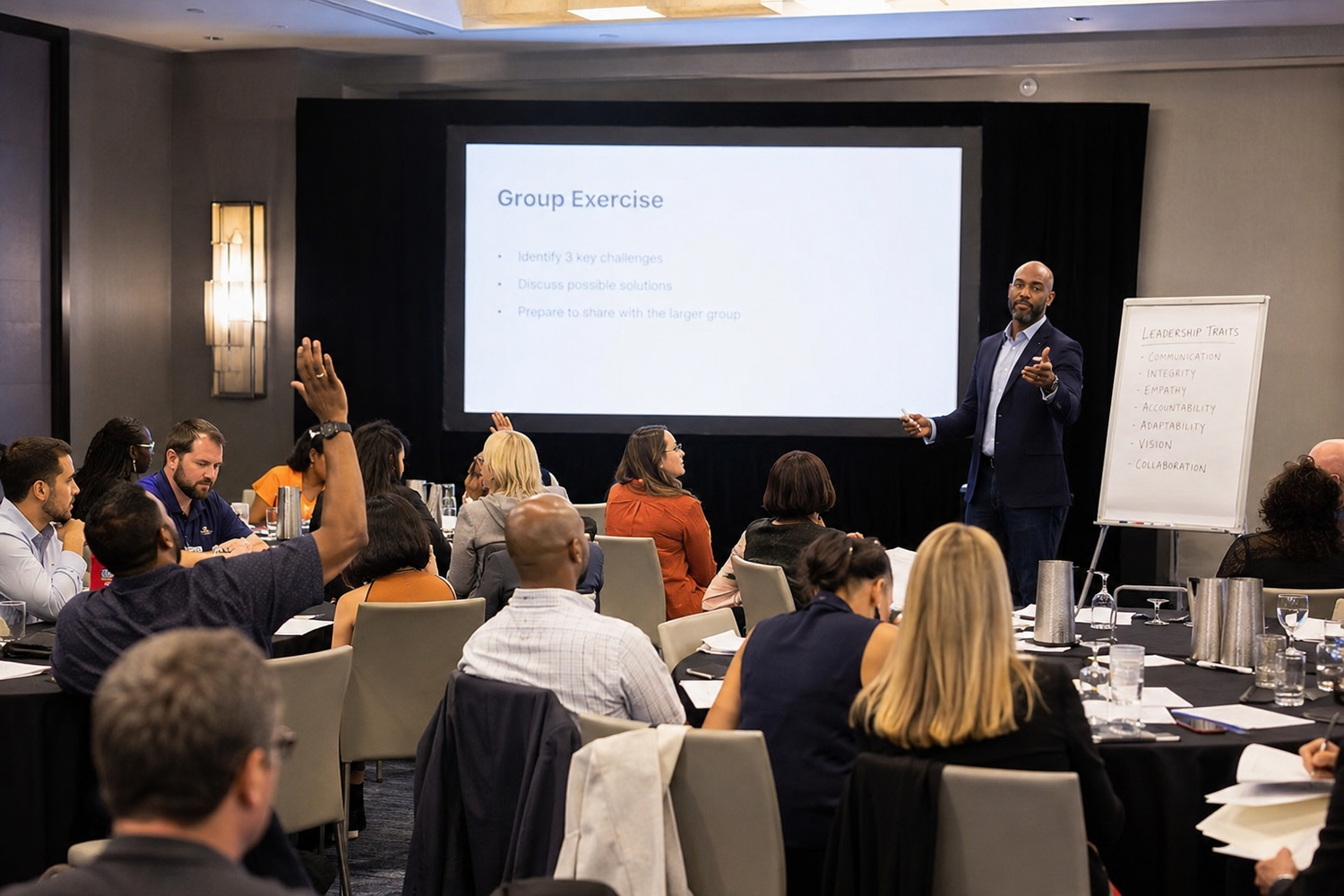 Speaker presenting a group exercise to engaged attendees at a professional business training workshop.