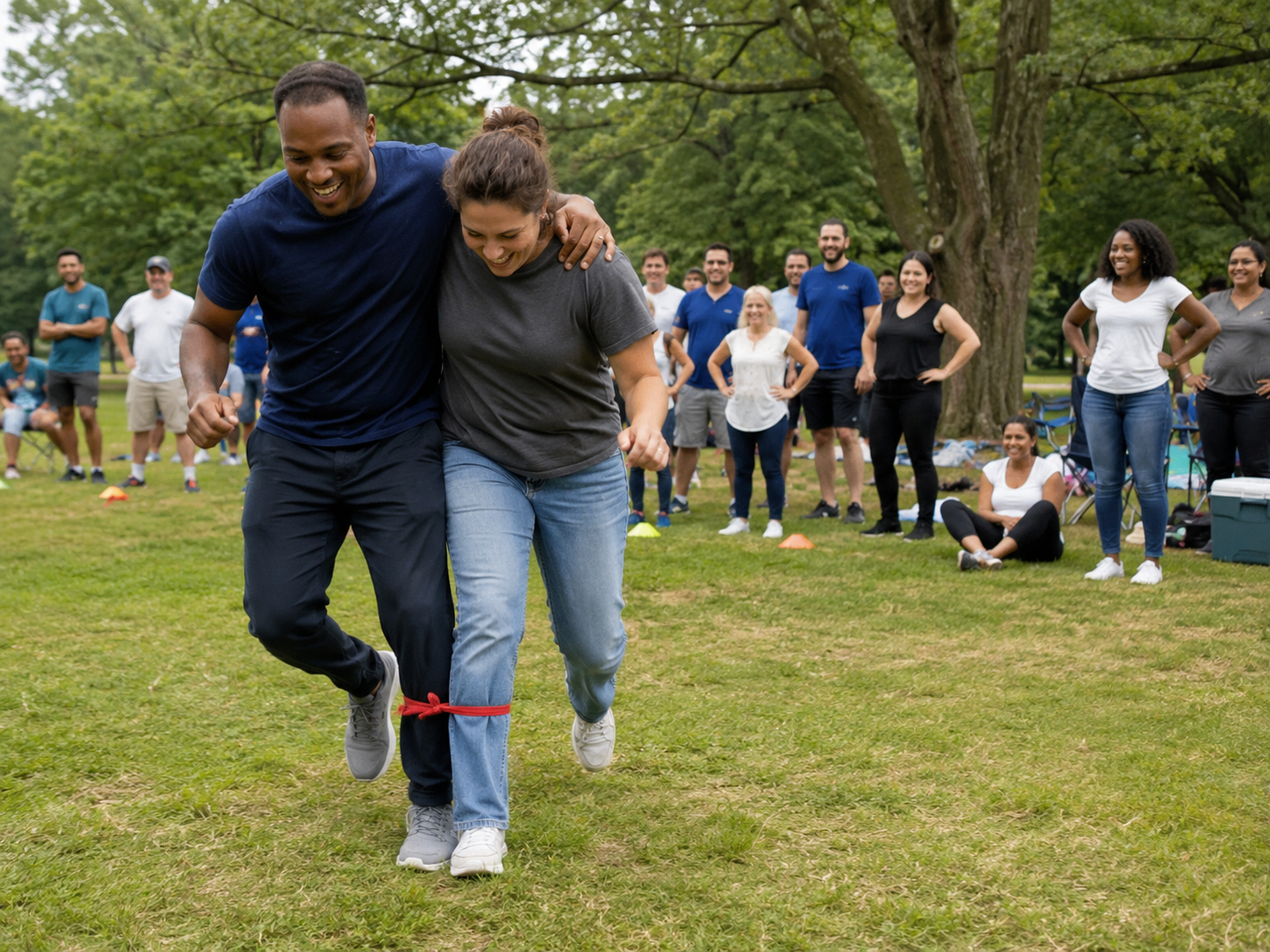 Two participants compete in a three-legged race at an outdoor team building company picnic event.
