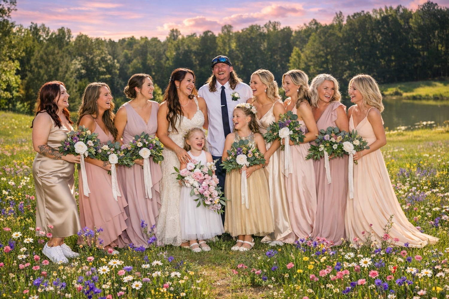 Wedding party in wildflower meadow at sunset, bridesmaids in blush gowns holding bouquets with groom and flower girl.