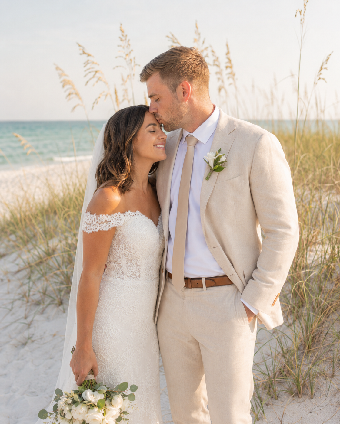 Couple in wedding attire embracing on a beach, bride in lace gown holding bouquet, groom in tan suit kissing her forehead.