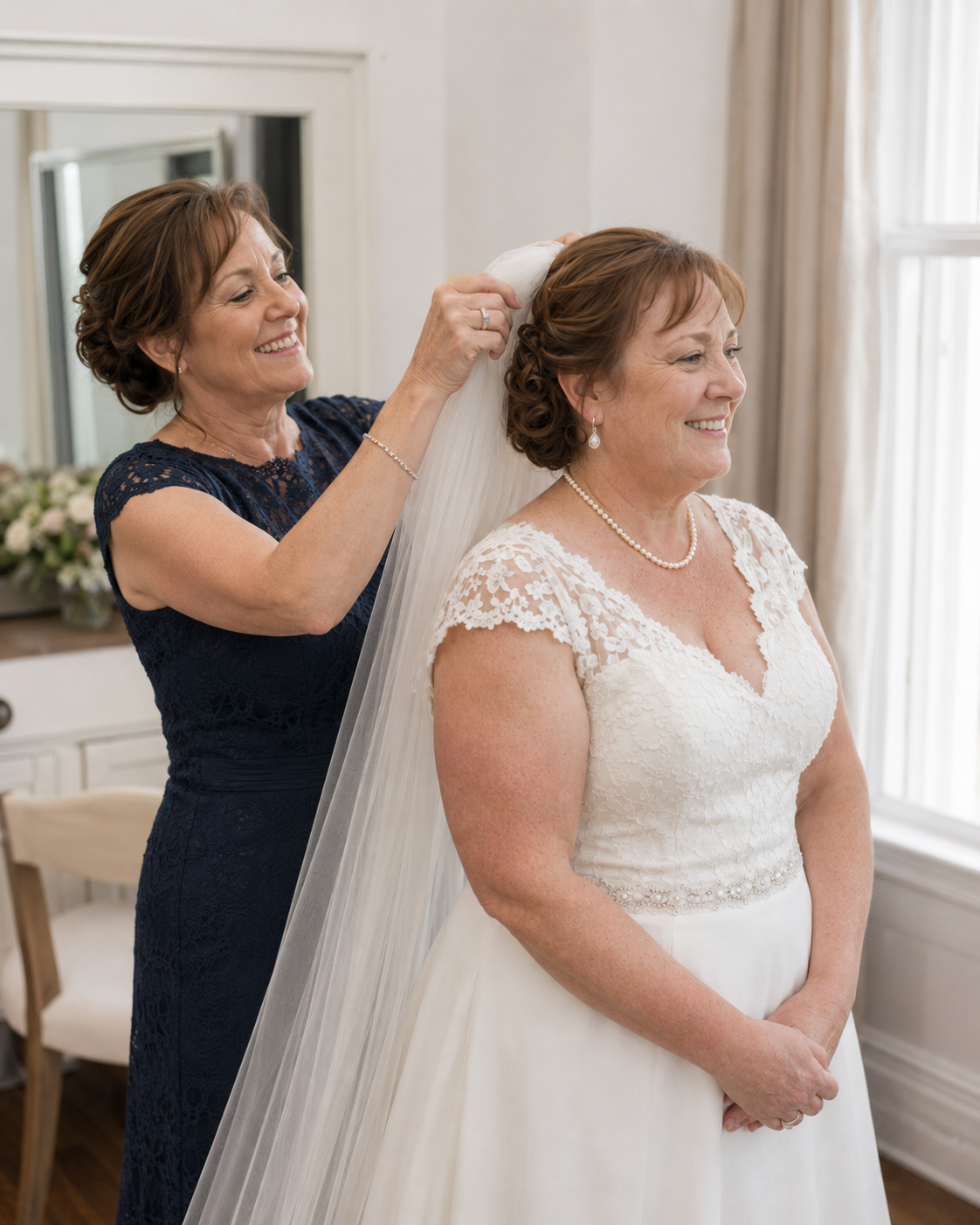 Woman in navy dress adjusts brides veil during wedding preparations in elegant white room.