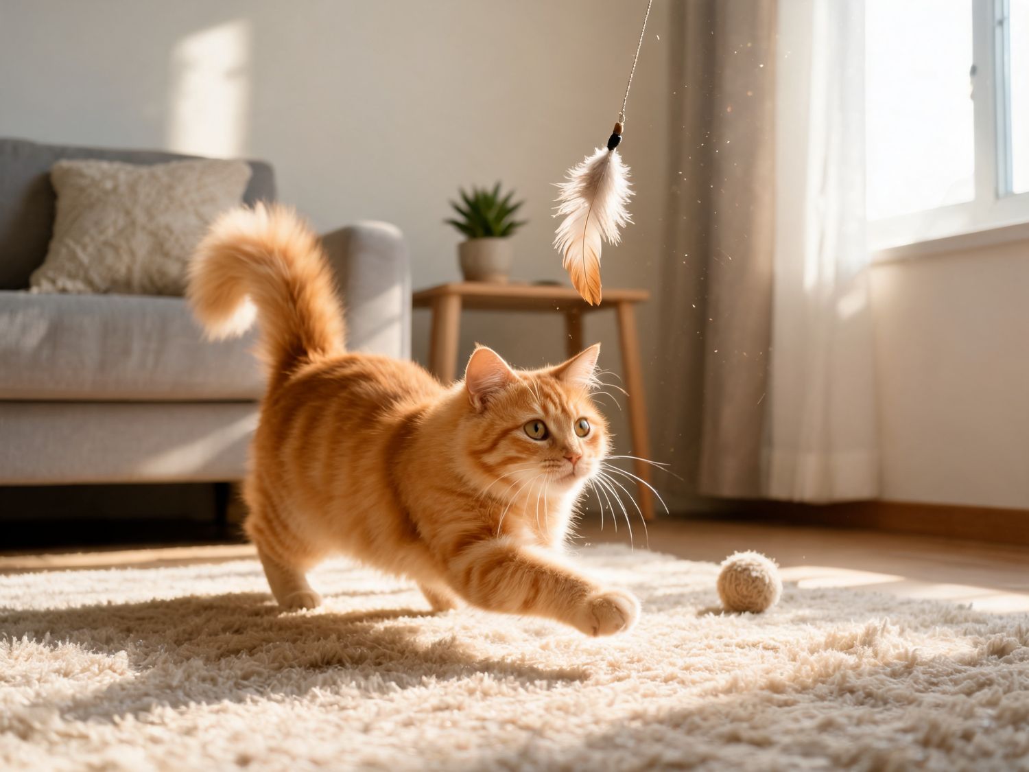 An orange tabby cat playfully swats at a feather toy on a cozy white carpet in a bright, sunlit living room.