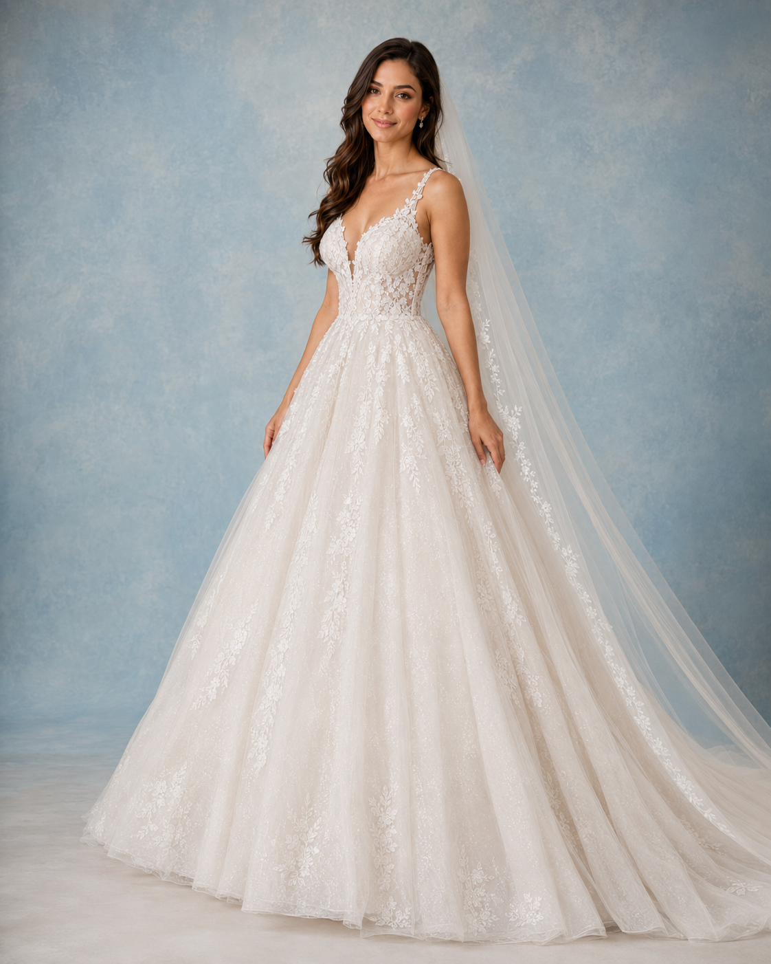 Elegant ball gown wedding dress with lace bodice, deep V-neckline, floral embroidery, and flowing tulle skirt with cathedral veil.