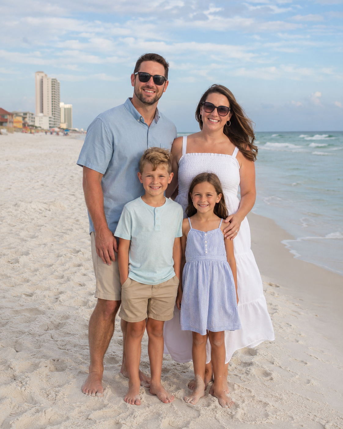 Family of four smiling on a sunny beach, parents in sunglasses with two young children in pastel outfits, ocean behind them.