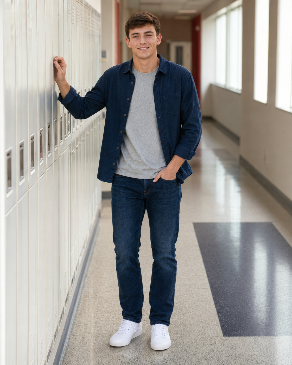 Teen boy in navy shirt and jeans leans against school lockers in a bright hallway for senior portrait.