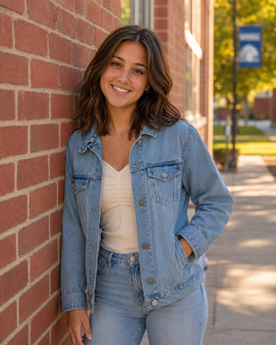 Smiling young woman in denim jacket and white top leaning against brick wall.