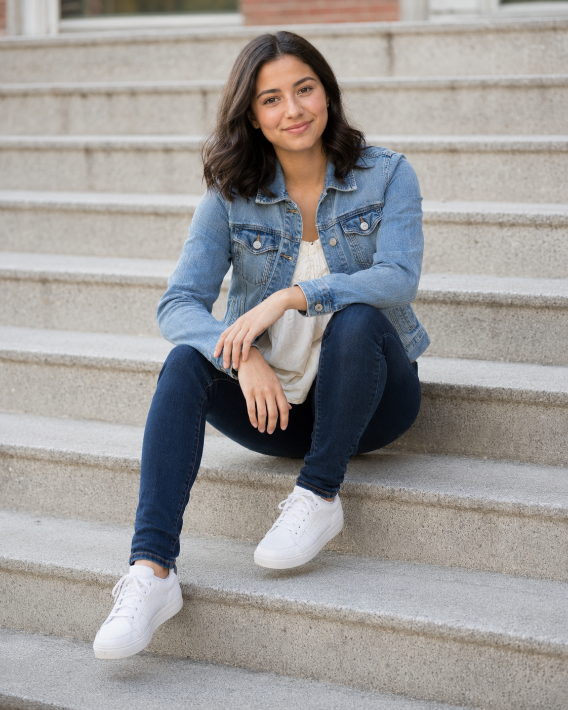 Young woman in denim jacket, dark jeans, and white sneakers sitting on stone steps, smiling confidently.
