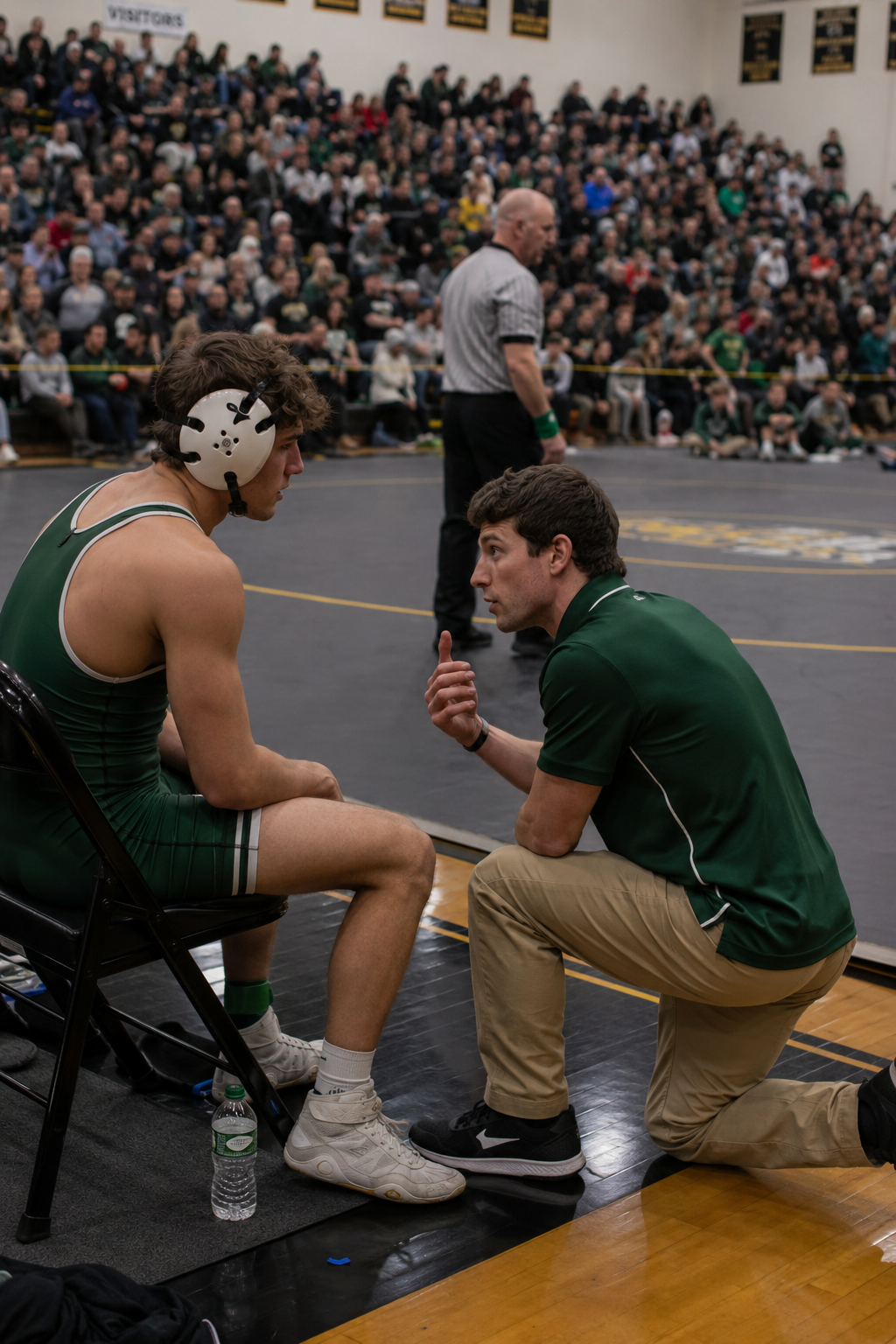 A wrestling coach in green kneels to give instructions to an athlete wearing headgear during a match.