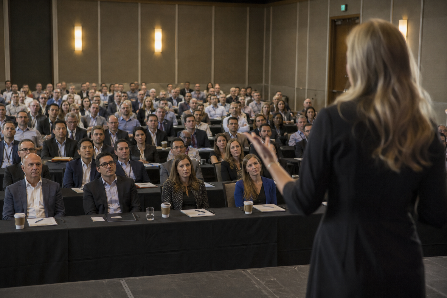 Professional speaker presenting to a large corporate conference audience in a modern hotel ballroom.