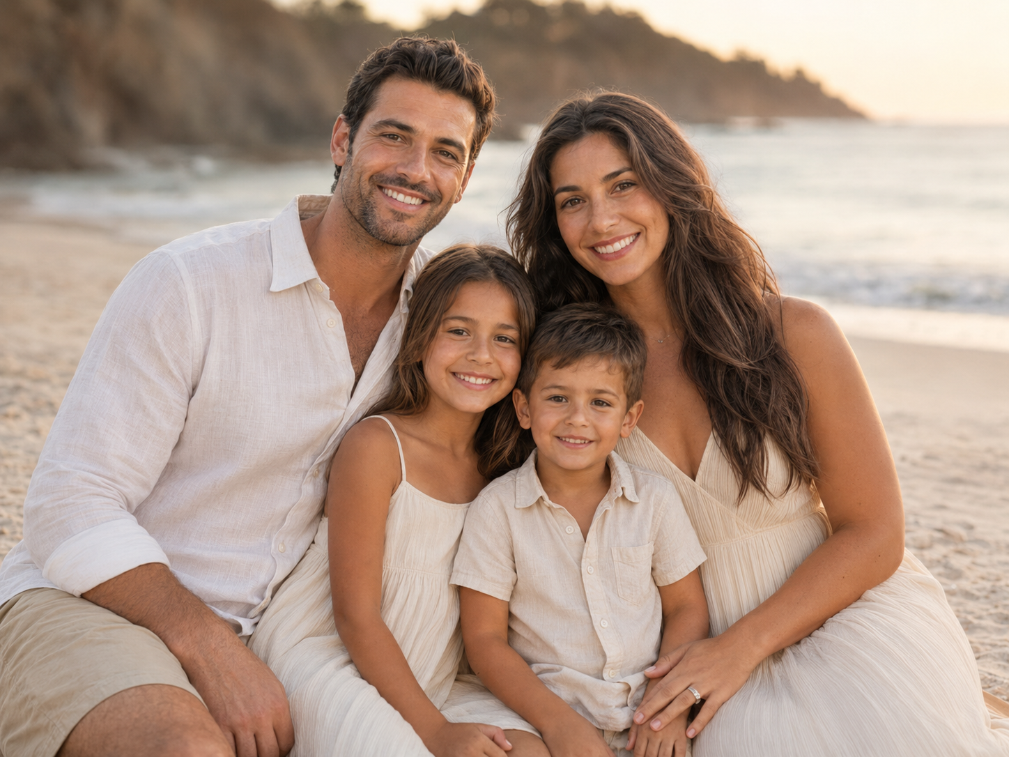Family of four in white outfits smiling together on a sandy beach at golden hour.