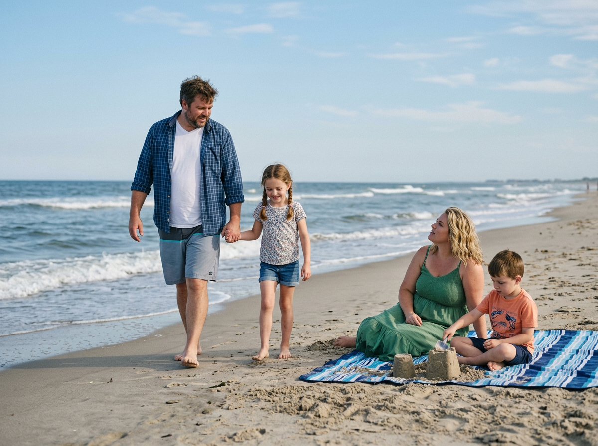Happy family of four on a sunny beach, dad and daughter walking hand in hand while mom sits with toddler.
