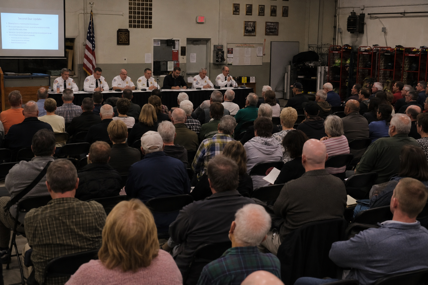 A packed community meeting at a fire station with residents seated facing a panel of officials at a table with an American flag.
