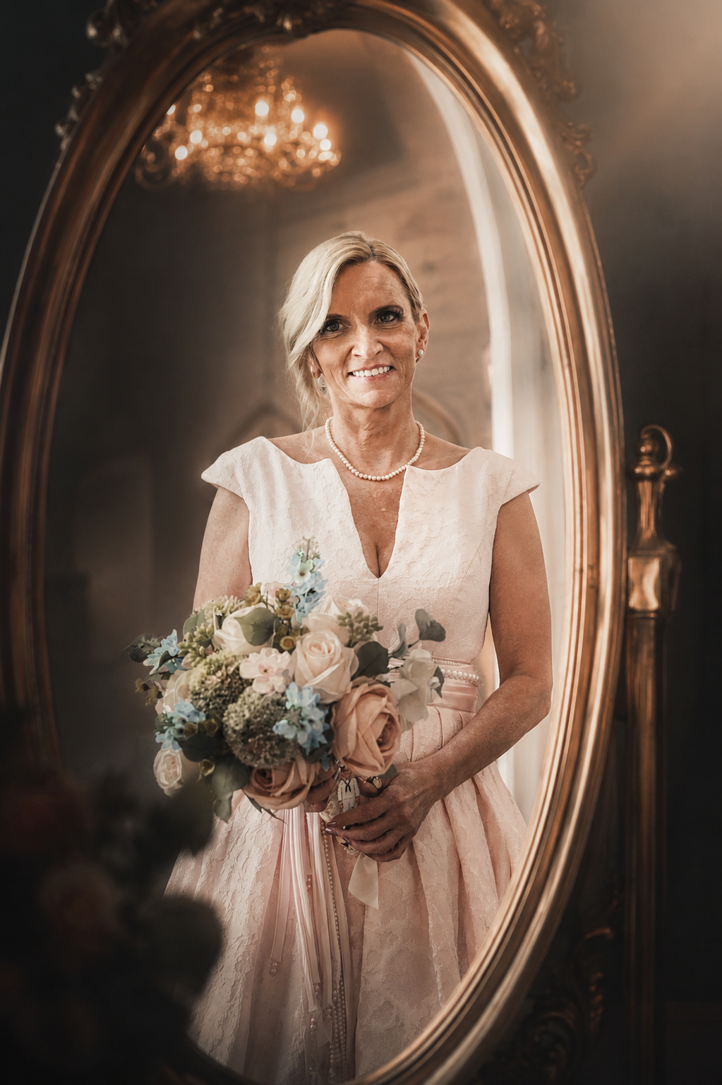 Elegant bride in pink lace dress holding pastel bouquet, reflected in ornate gold oval mirror.