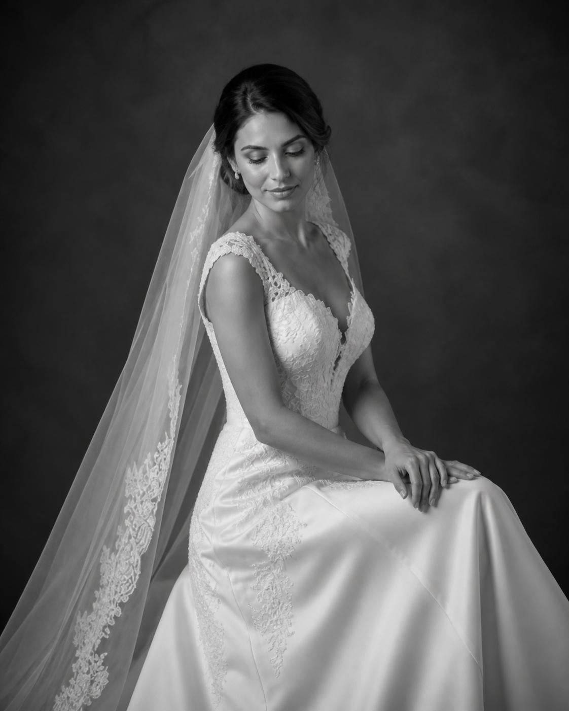 Black and white bridal portrait of a woman in a lace wedding gown and cathedral veil, seated gracefully in a studio.