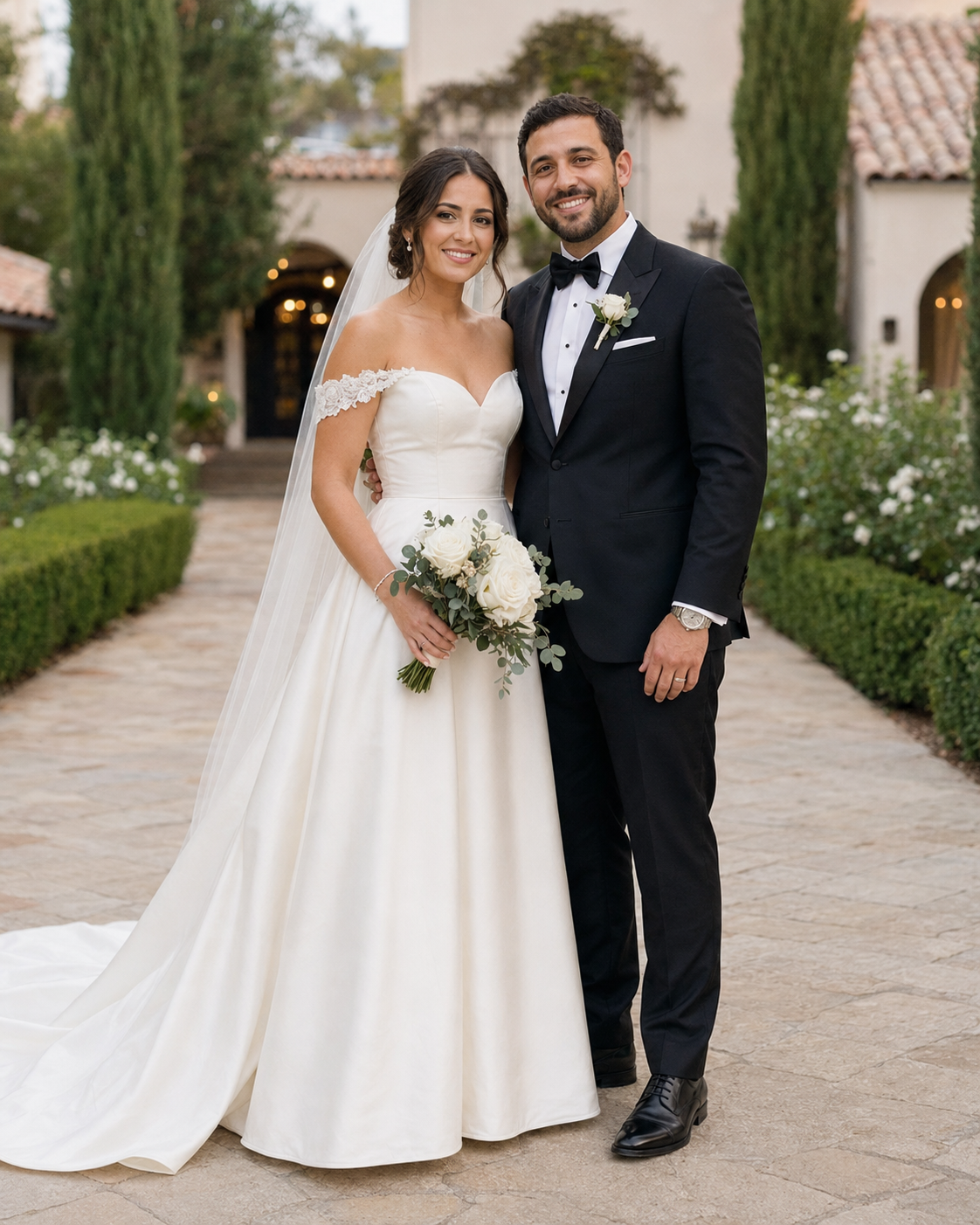 Bride in off-shoulder white gown holds bouquet beside groom in black tuxedo at elegant outdoor wedding venue.