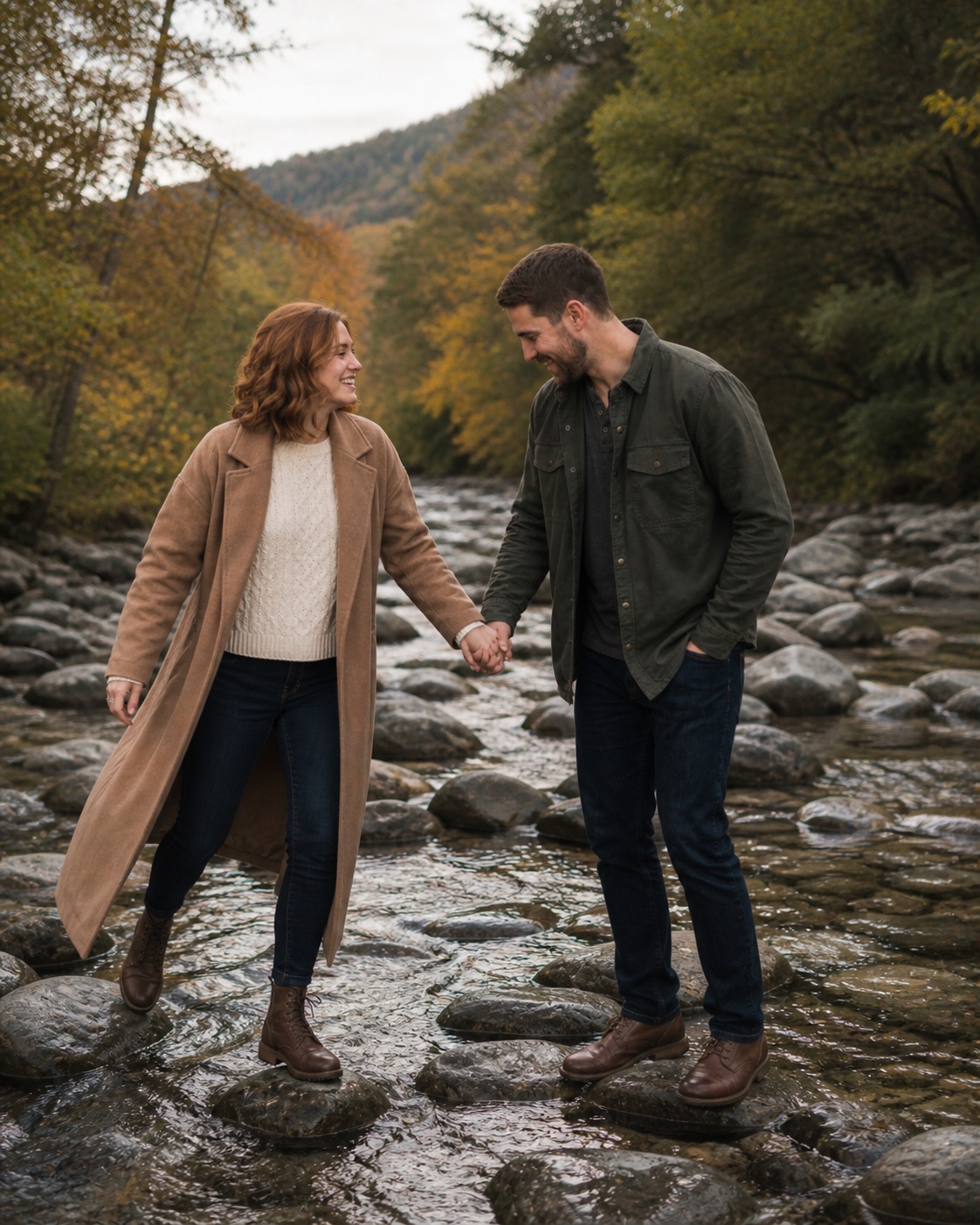 Couple holding hands and smiling while stepping on rocks in a scenic autumn creek surrounded by colorful foliage.