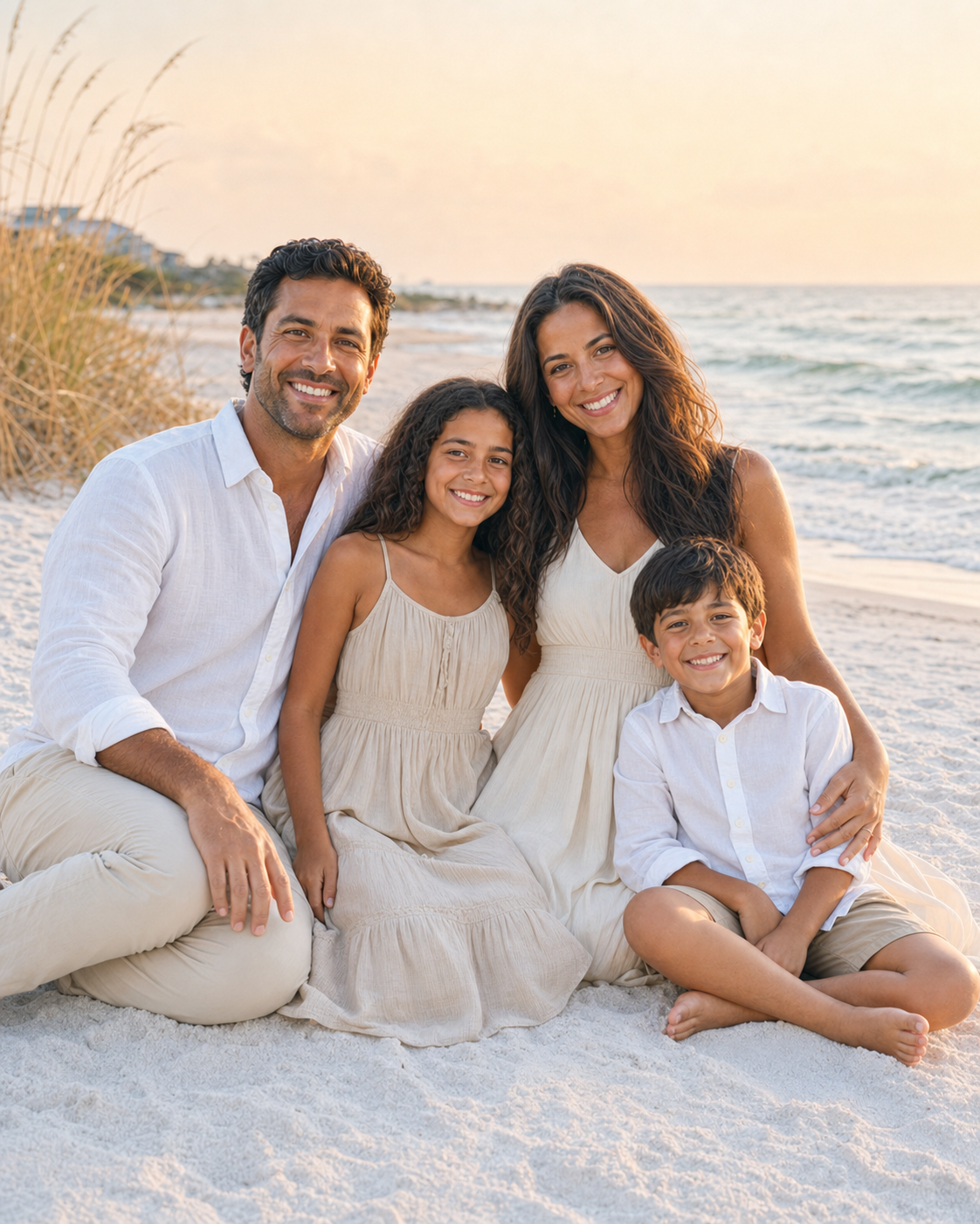 A happy family of four poses together on a sandy beach at sunset, wearing coordinated white and beige outfits.