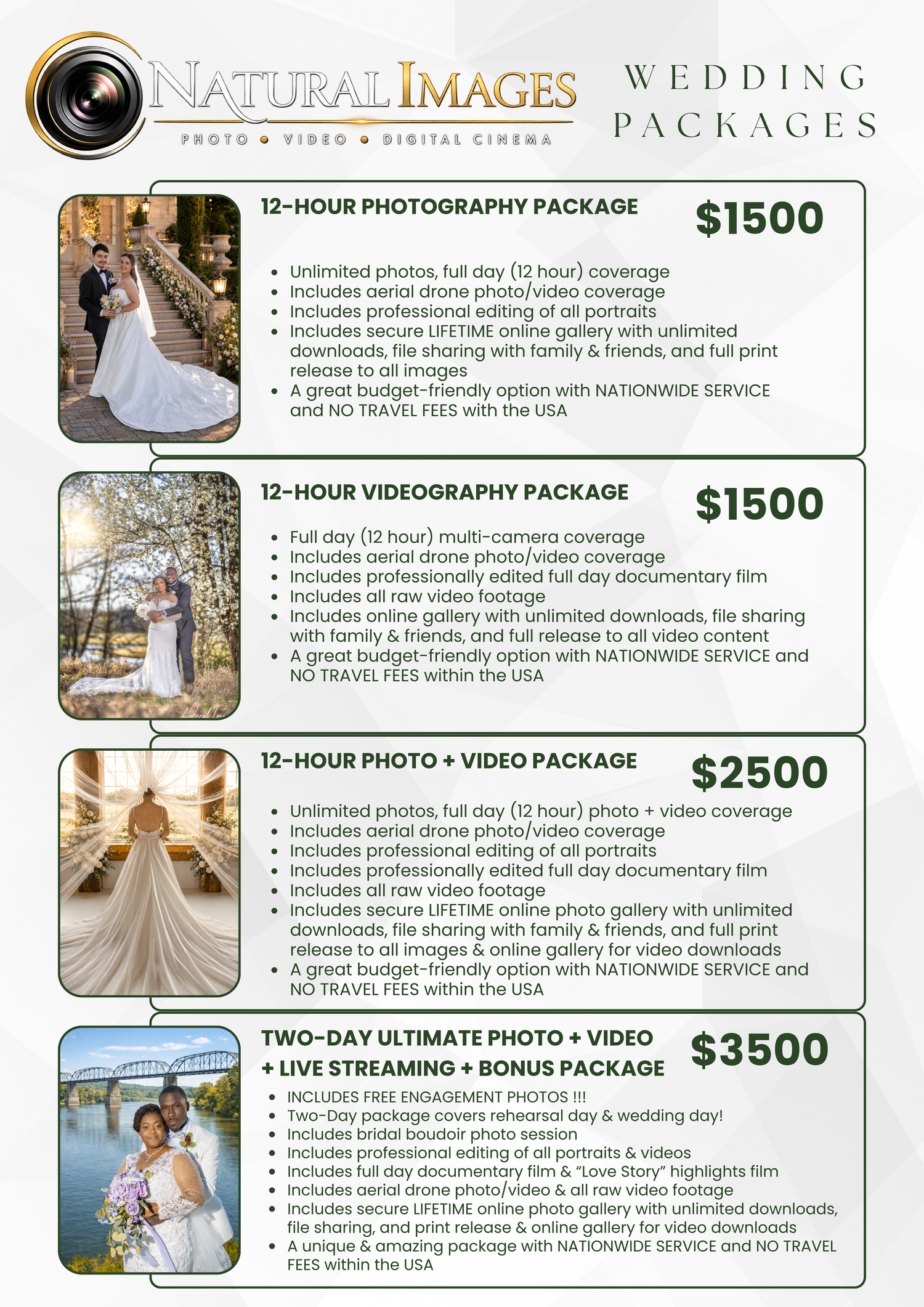 Natural Images wedding photography packages flyer showing pricing from $1500 to $3500 for photo, video, and streaming.