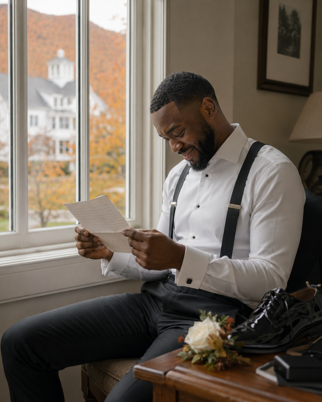 A groom in white shirt and suspenders reads a letter by a window with autumn foliage outside on his wedding day.