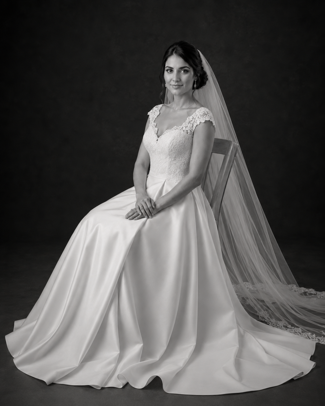 Black and white portrait of seated bride in A-line satin gown with lace neckline and flowing cathedral veil.