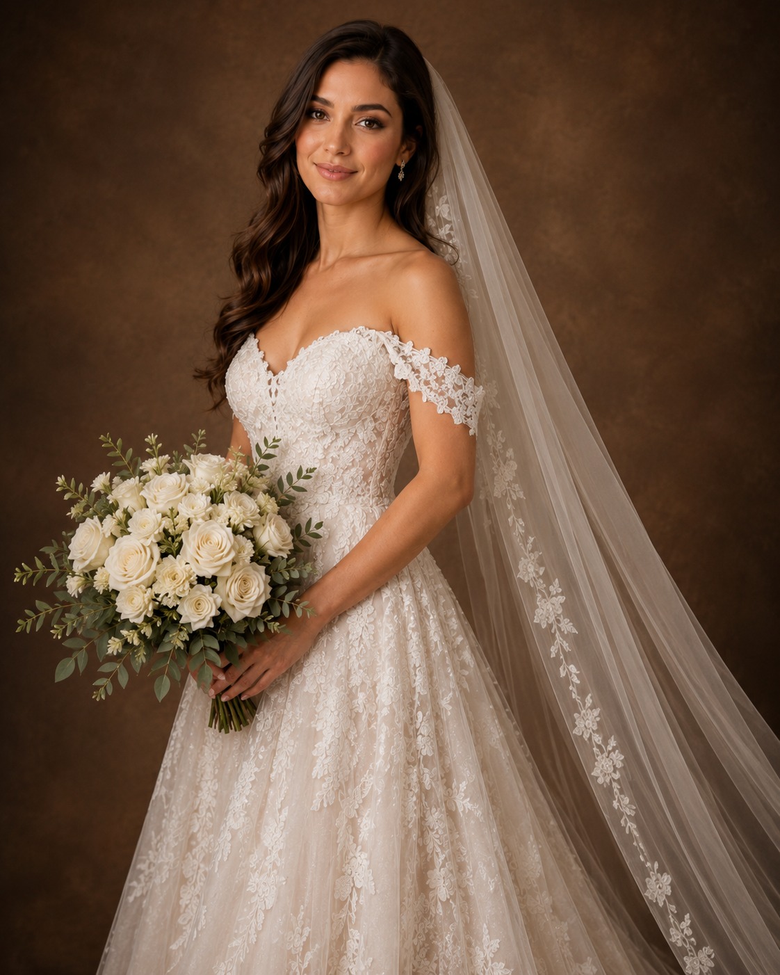 Bride in off-shoulder lace A-line gown with cathedral veil holding white rose bouquet against brown backdrop.