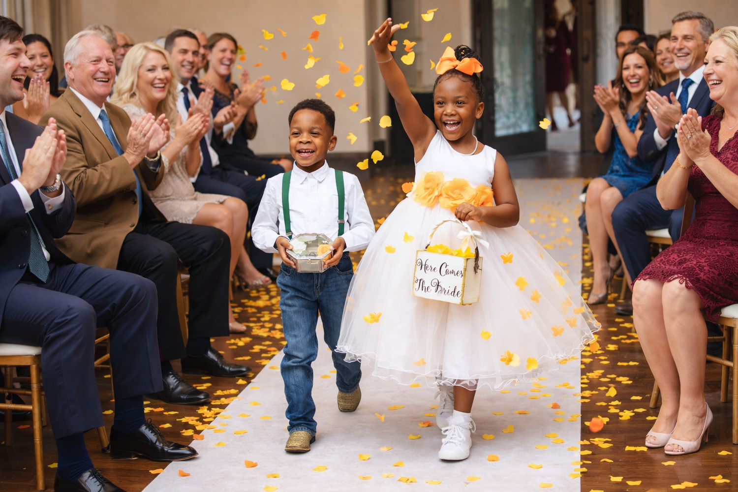 A young ring bearer in white runs down the aisle at a wedding ceremony while guests smile and watch from their seats.