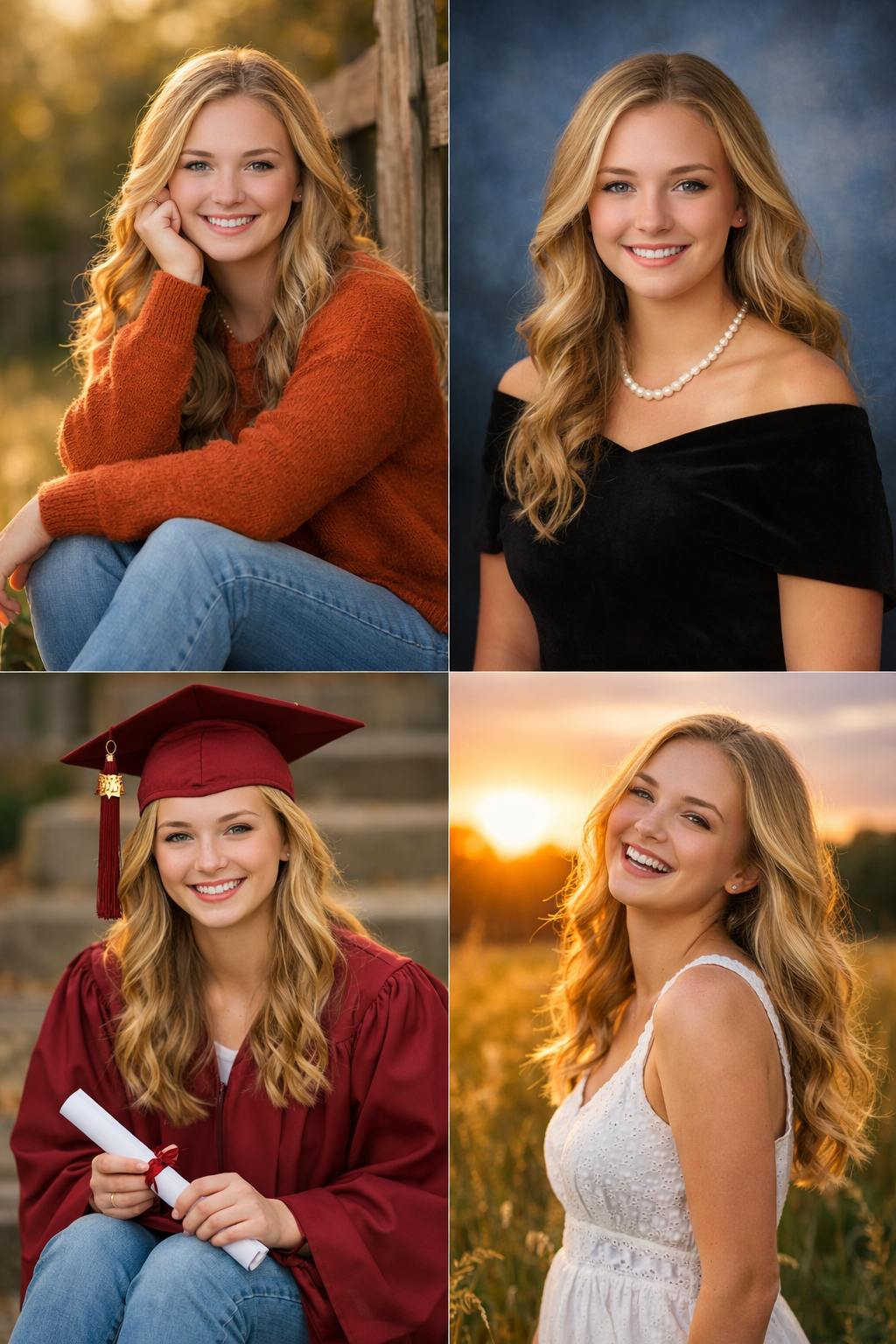 Professional graduation portraits taken outdoors featuring poses in cap and gown with casual outfits in natural lighting.