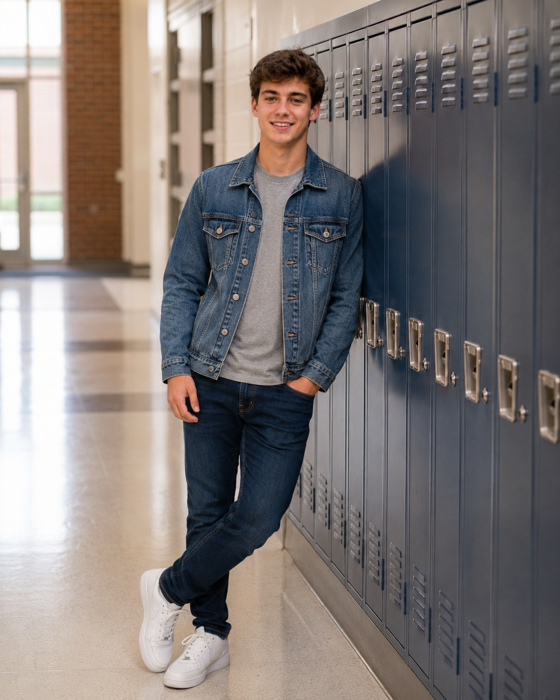 Smiling teen boy in denim jacket and jeans leaning against school lockers in a bright hallway.