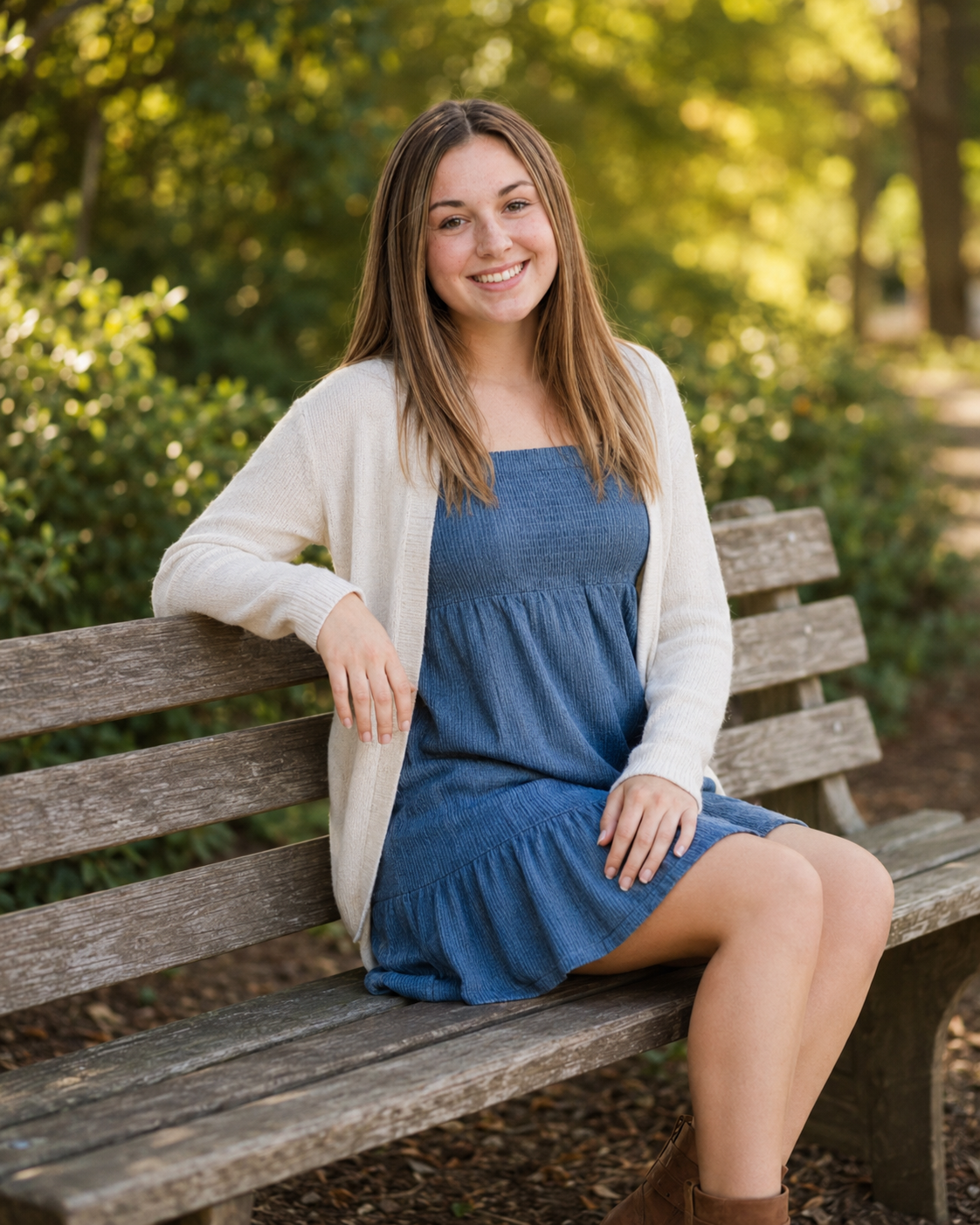 Young woman in blue dress and cream cardigan smiling on a wooden bench surrounded by lush greenery.