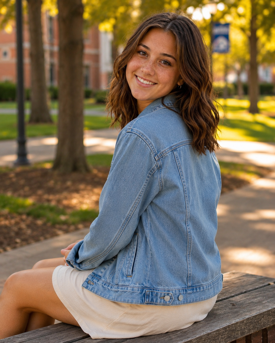 Young woman in denim jacket and white skirt sitting on bench, smiling over shoulder on college campus.