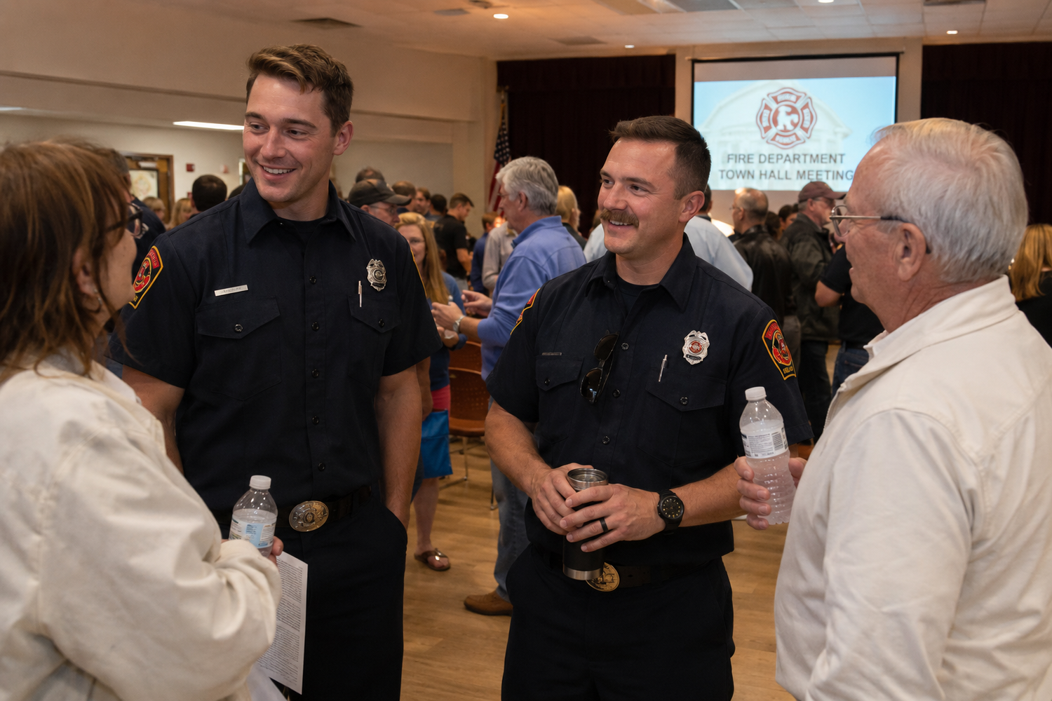 Two firefighters in uniform smile and chat with guests at a community appreciation event.