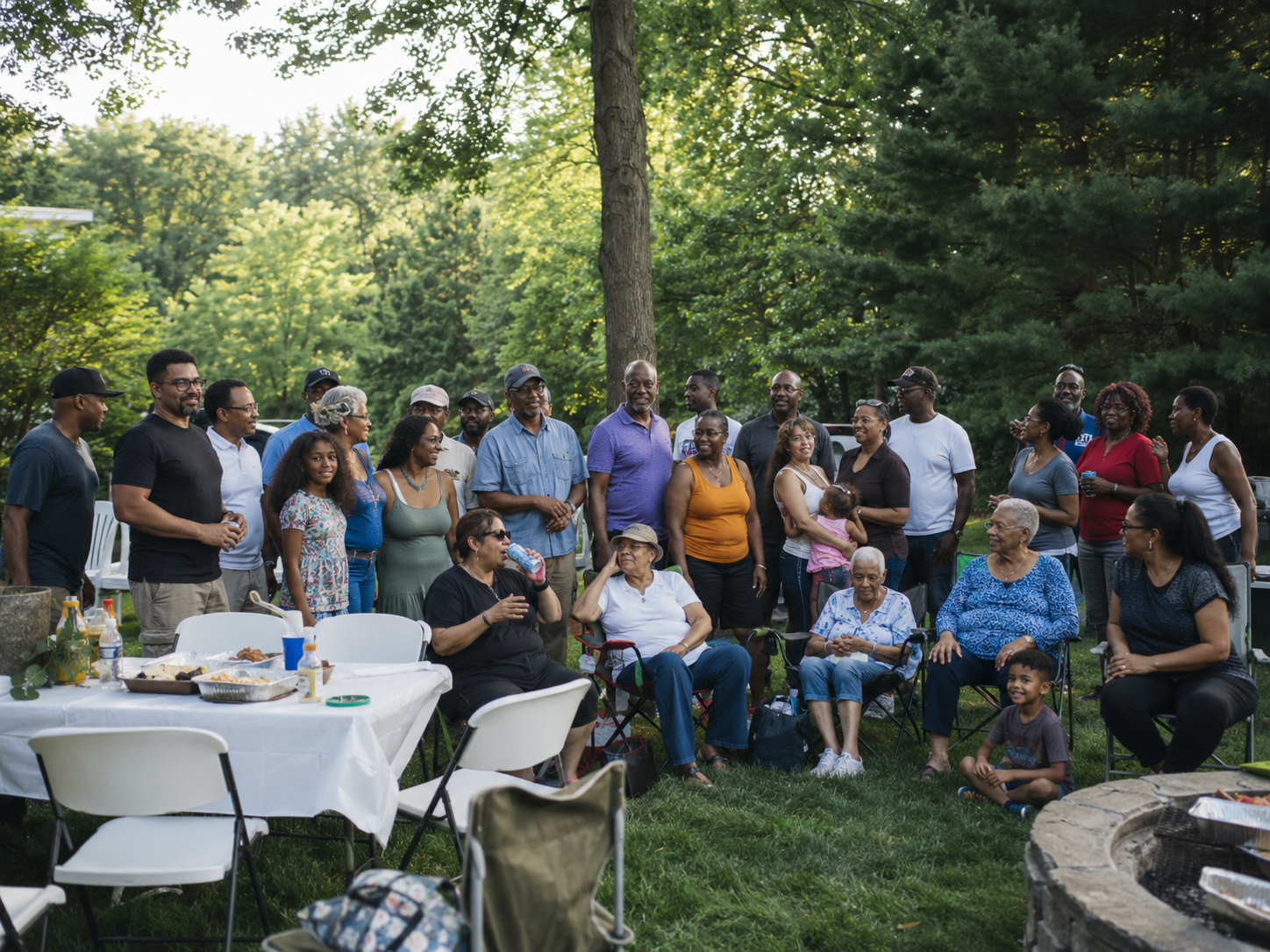 Large diverse family group gathered outdoors for a backyard party surrounded by trees.
