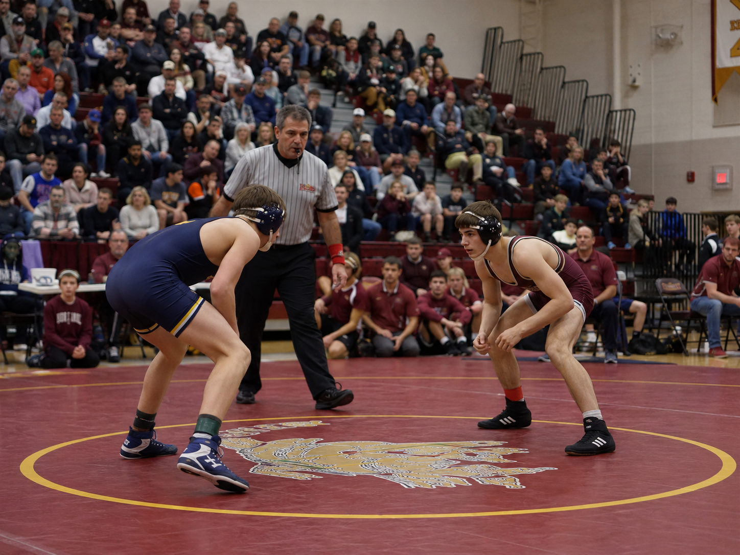 Two wrestlers face off on a yellow mat while a referee watches in a crowded high school gymnasium.