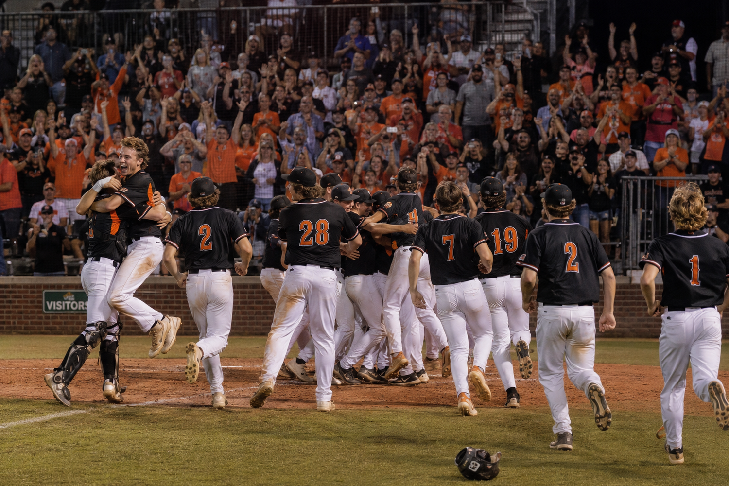 Baseball team celebrates victory on field as excited fans cheer in the background.