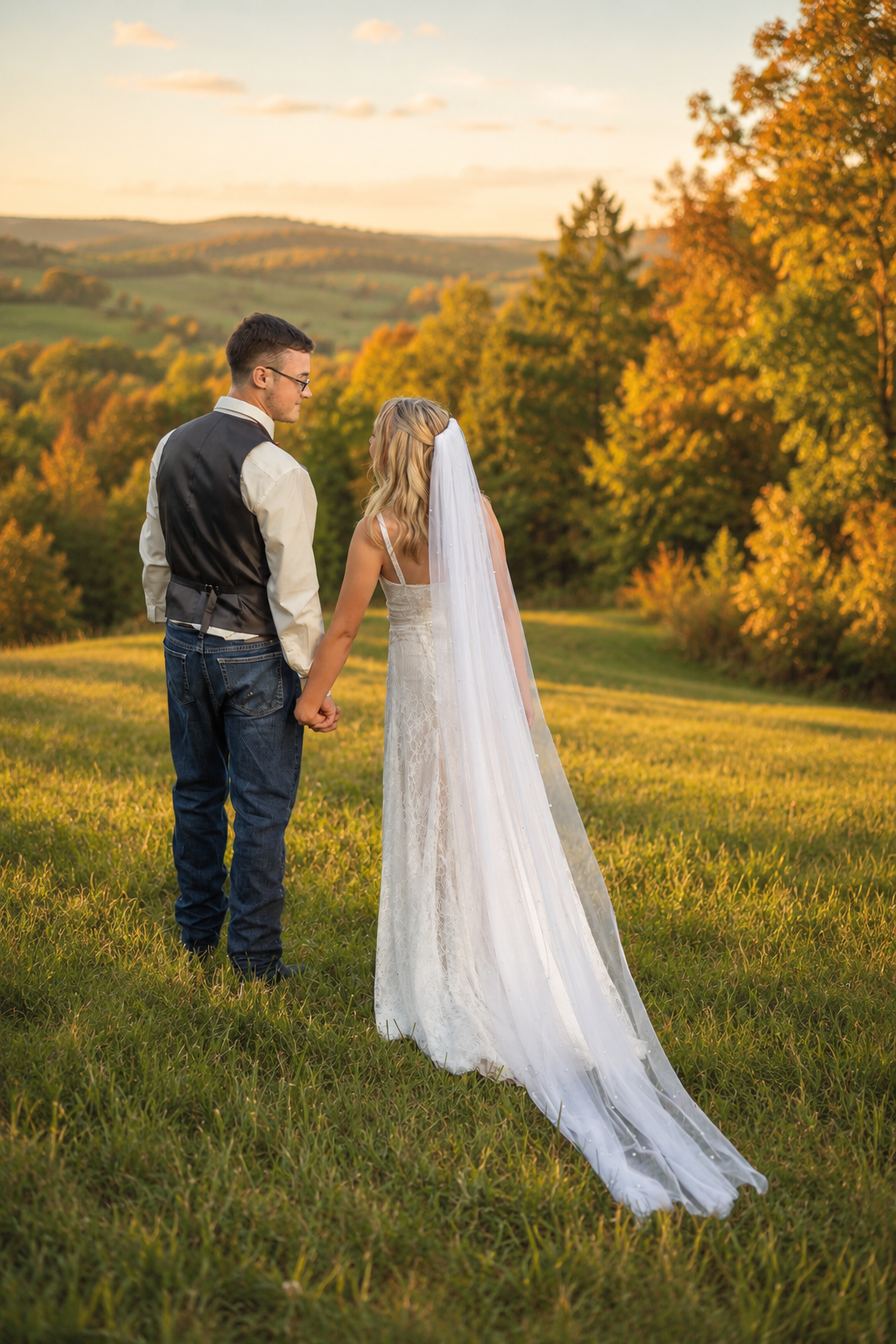 A bride and groom hold hands at sunset on a lush green hillside, surrounded by vibrant autumn foliage.