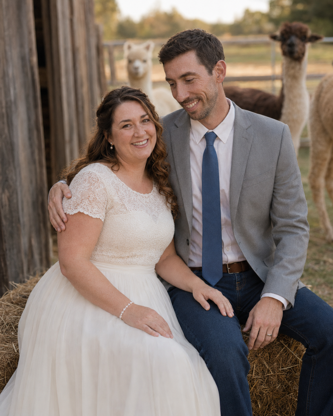 Bride and groom sitting on hay bales smiling together with alpacas in the background.