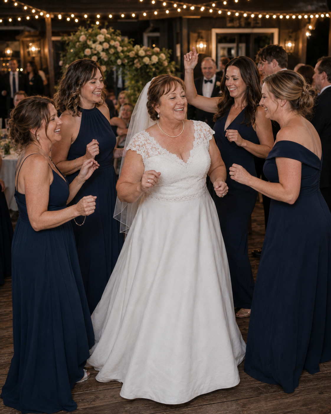 Bride in lace wedding gown dances joyfully surrounded by bridesmaids in navy dresses under string lights.