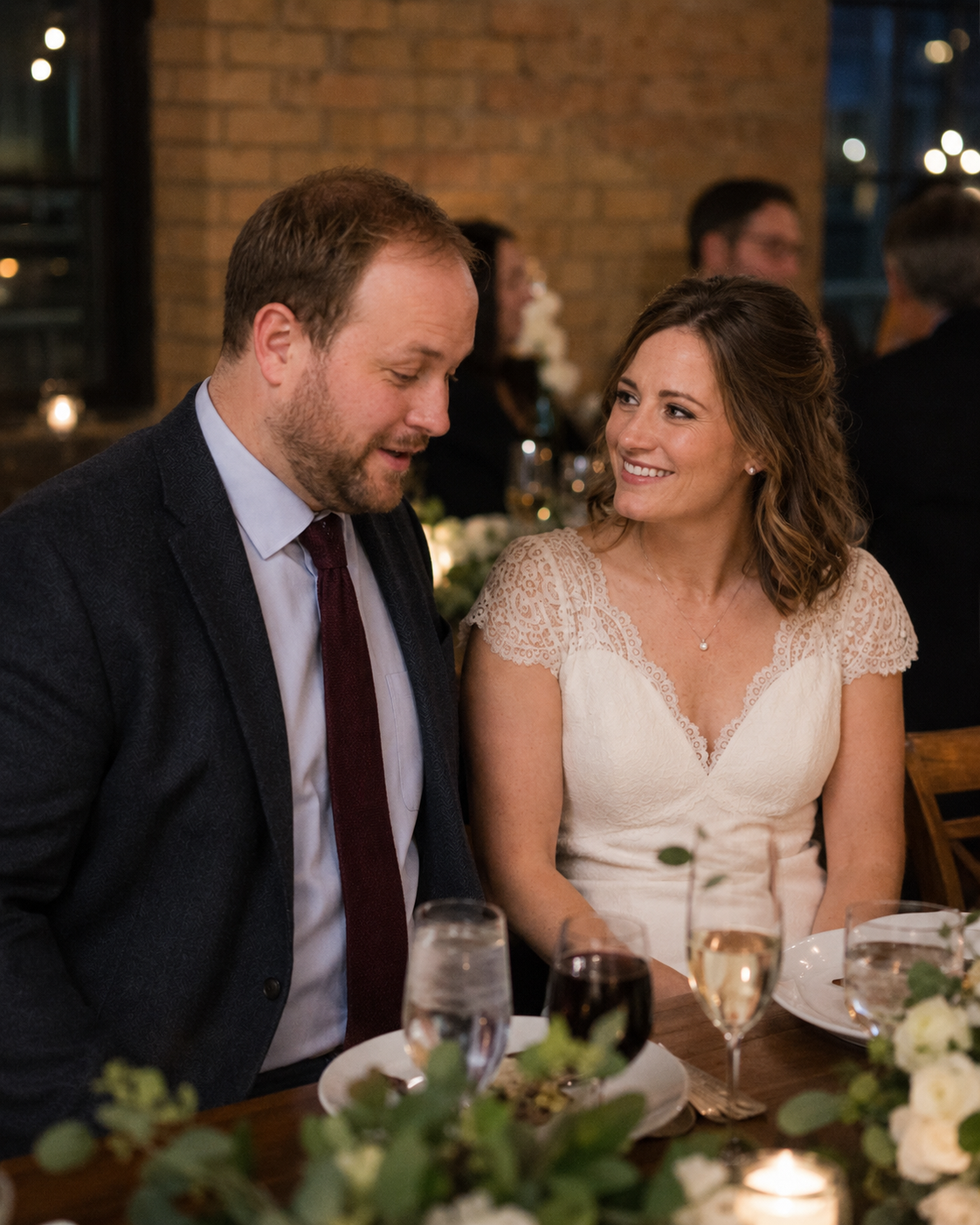 A bride and groom share a joyful moment at their wedding reception dinner table, surrounded by candlelight and floral arrangements.
