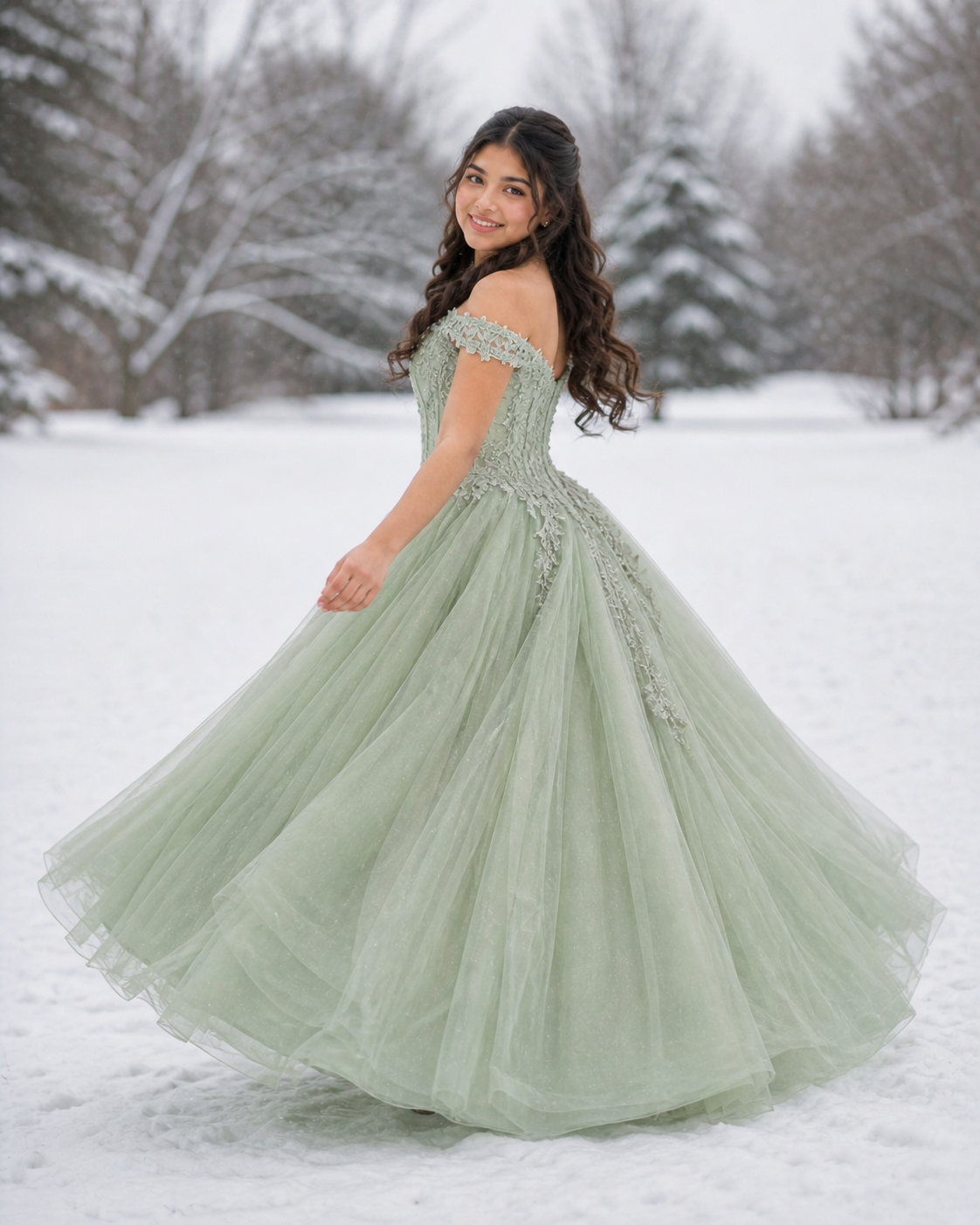 Young woman in sage green off-shoulder ball gown twirling in snowy winter landscape, wearing floral lace bodice.