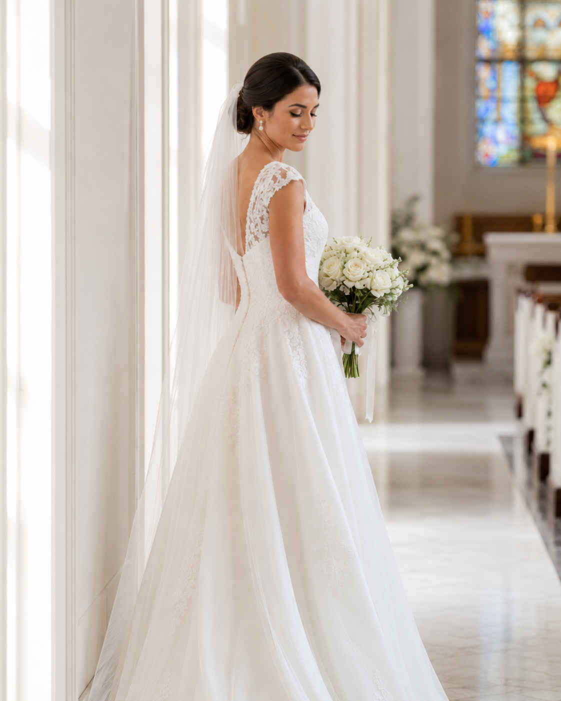 Bride in elegant white lace-back wedding gown holding white bouquet, standing in bright church aisle with stained glass.