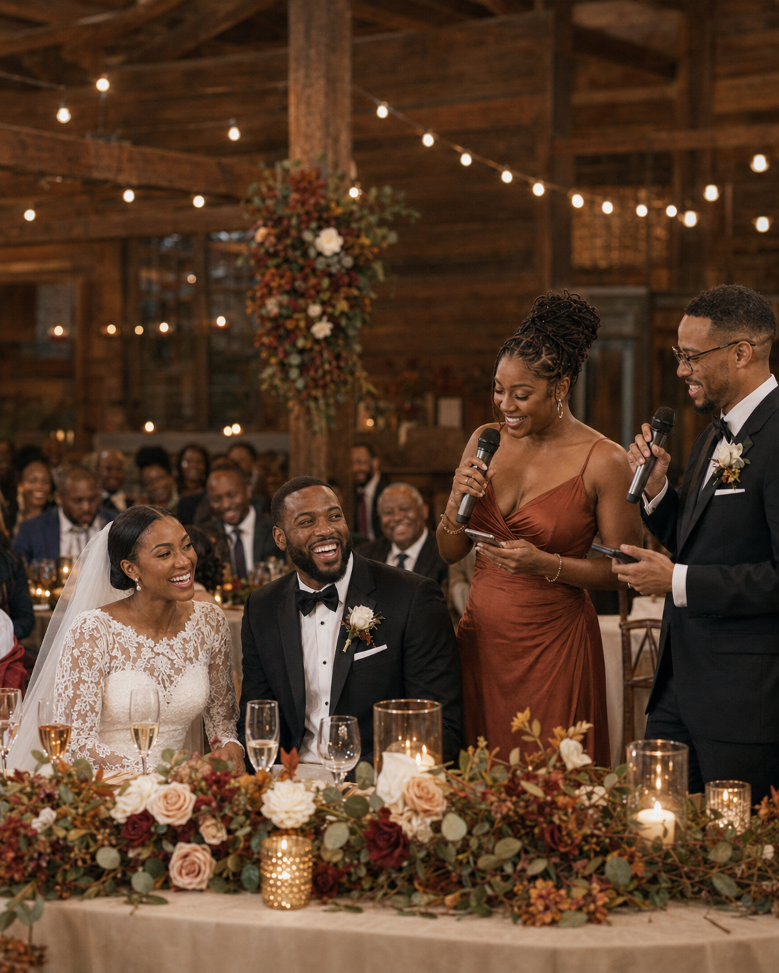 Bride and groom laugh during wedding toast in rustic barn venue with autumn floral centerpieces and string lights.
