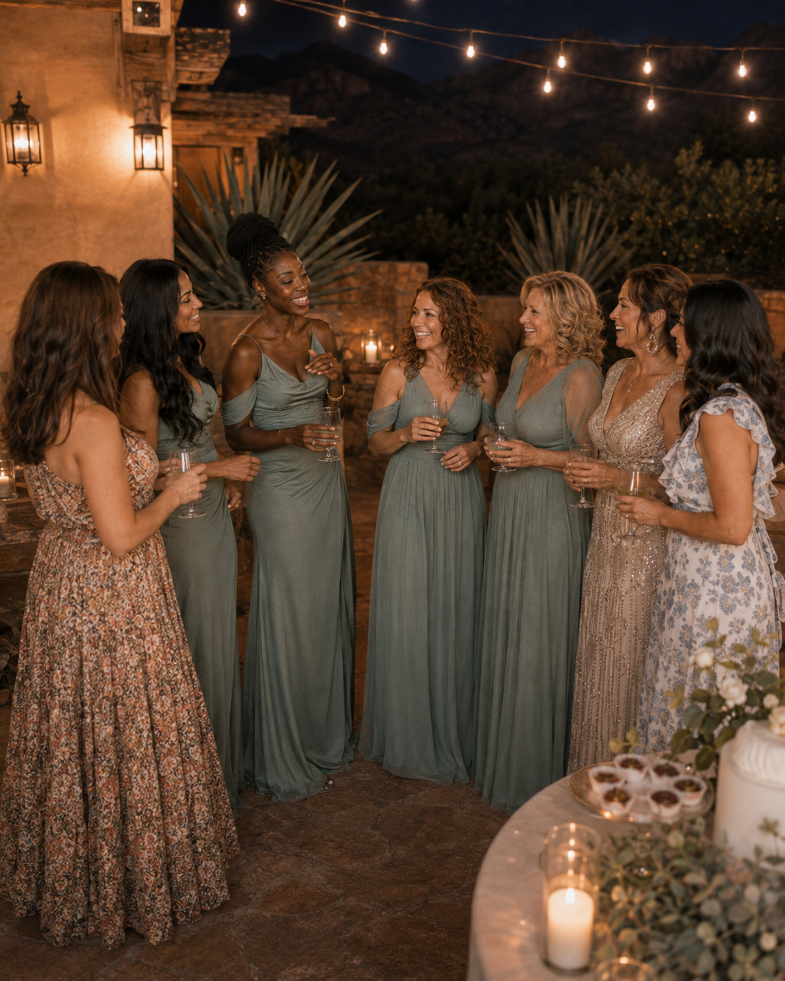 Six women in sage green bridesmaid dresses chat and laugh at an outdoor evening wedding reception with string lights.