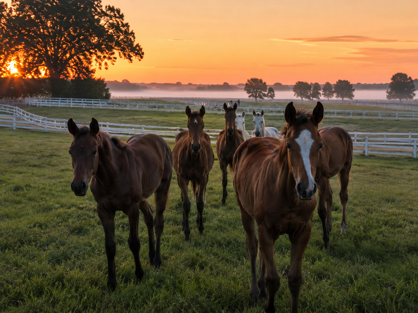 Five young horses stand in green pasture at golden sunrise with misty background.