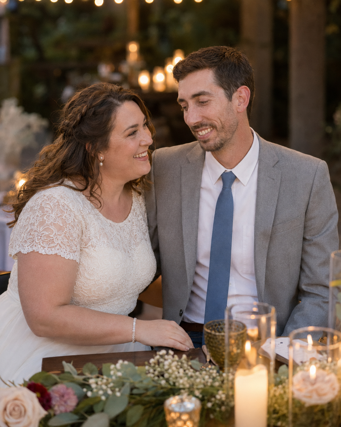 Bride and groom share a joyful moment at candlelit wedding reception table with floral centerpieces and string lights.