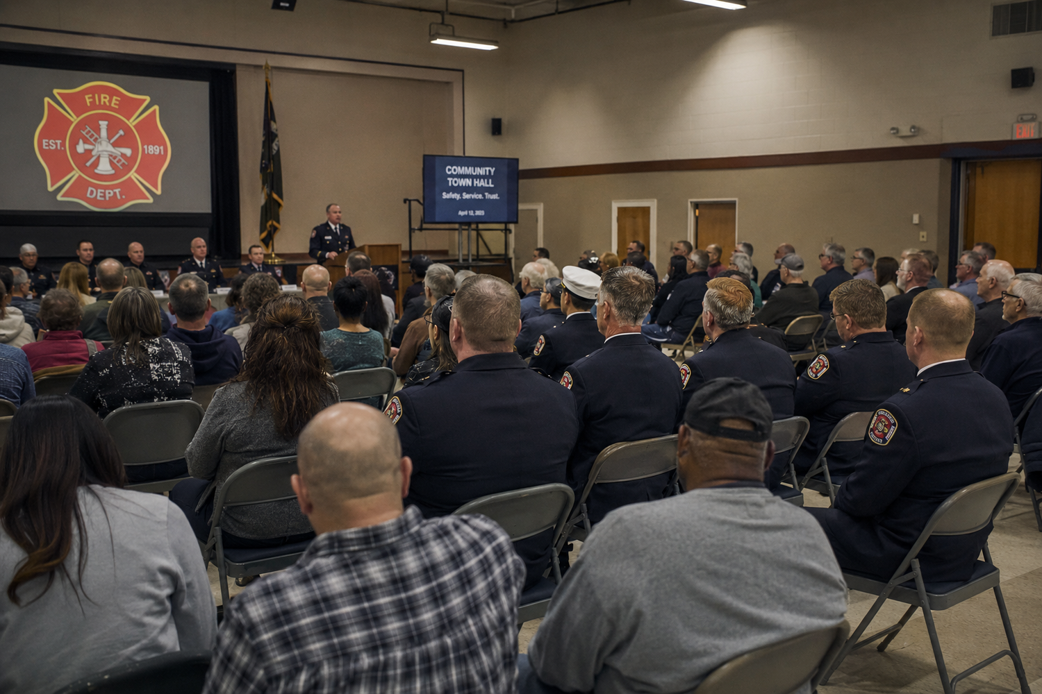 Firefighters and community members attend formal town hall meeting at fire station auditorium.