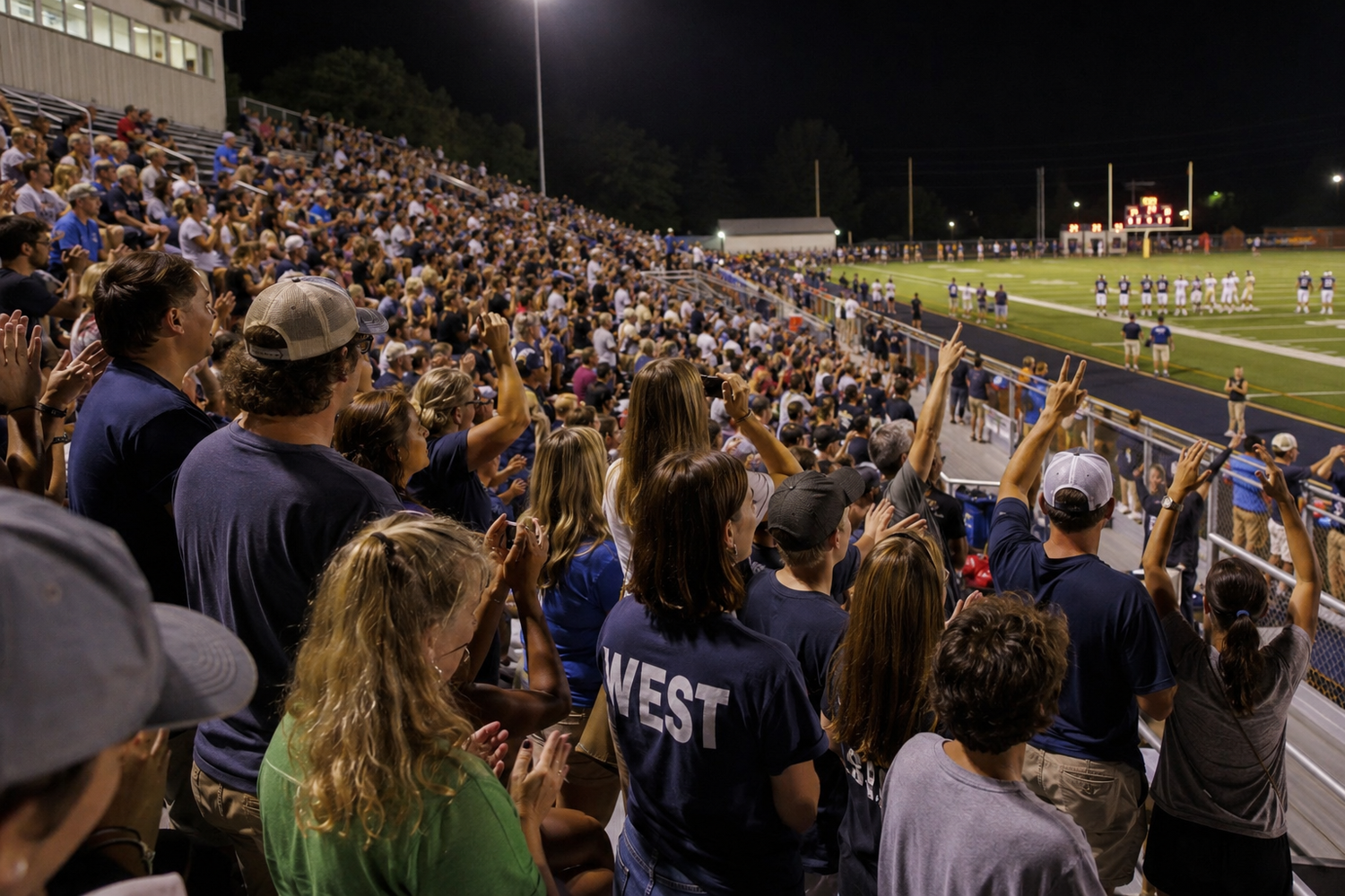 Enthusiastic crowd of fans cheering in packed stadium bleachers during a nighttime football game.