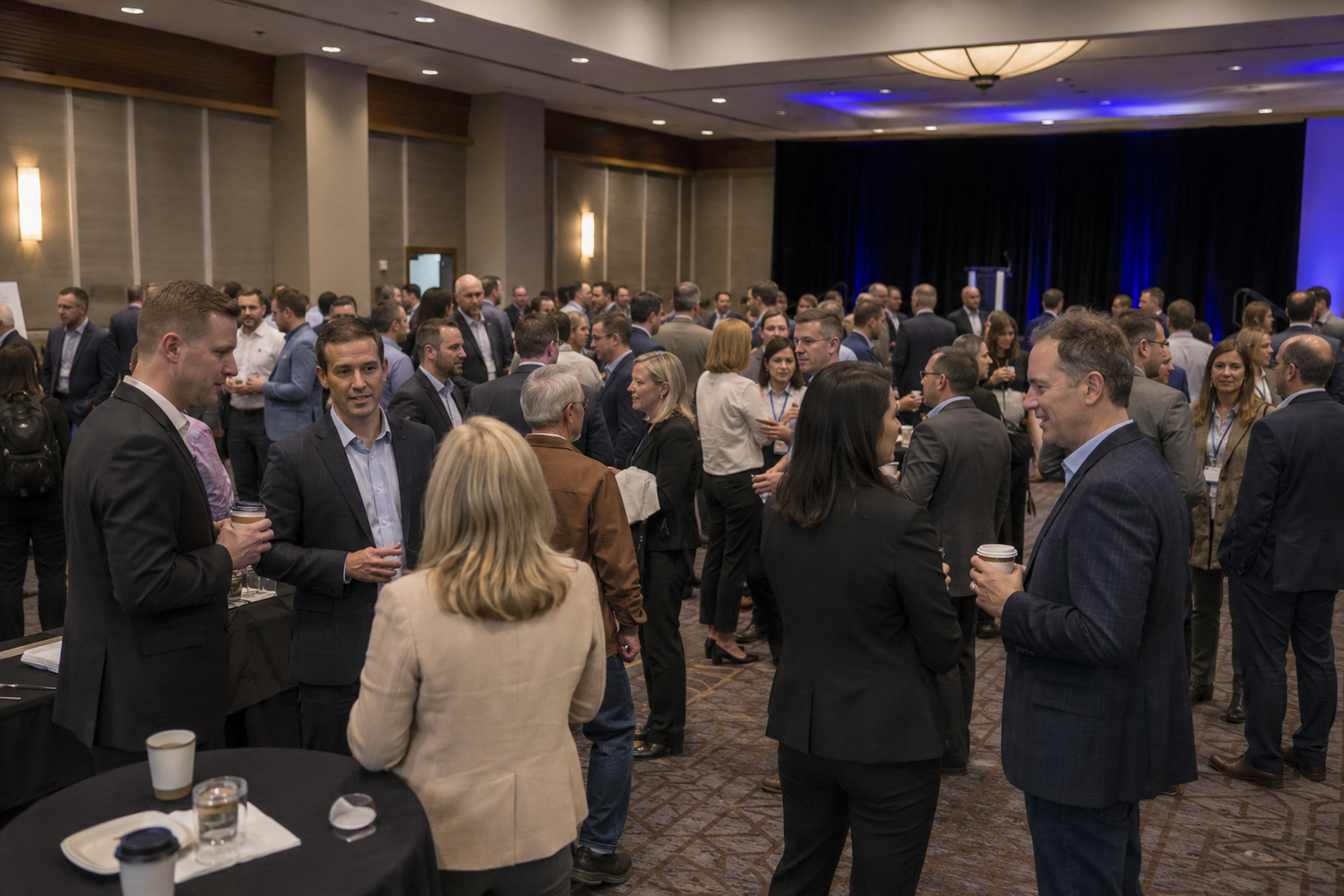 Business professionals mingling at a corporate networking event in a modern conference venue.