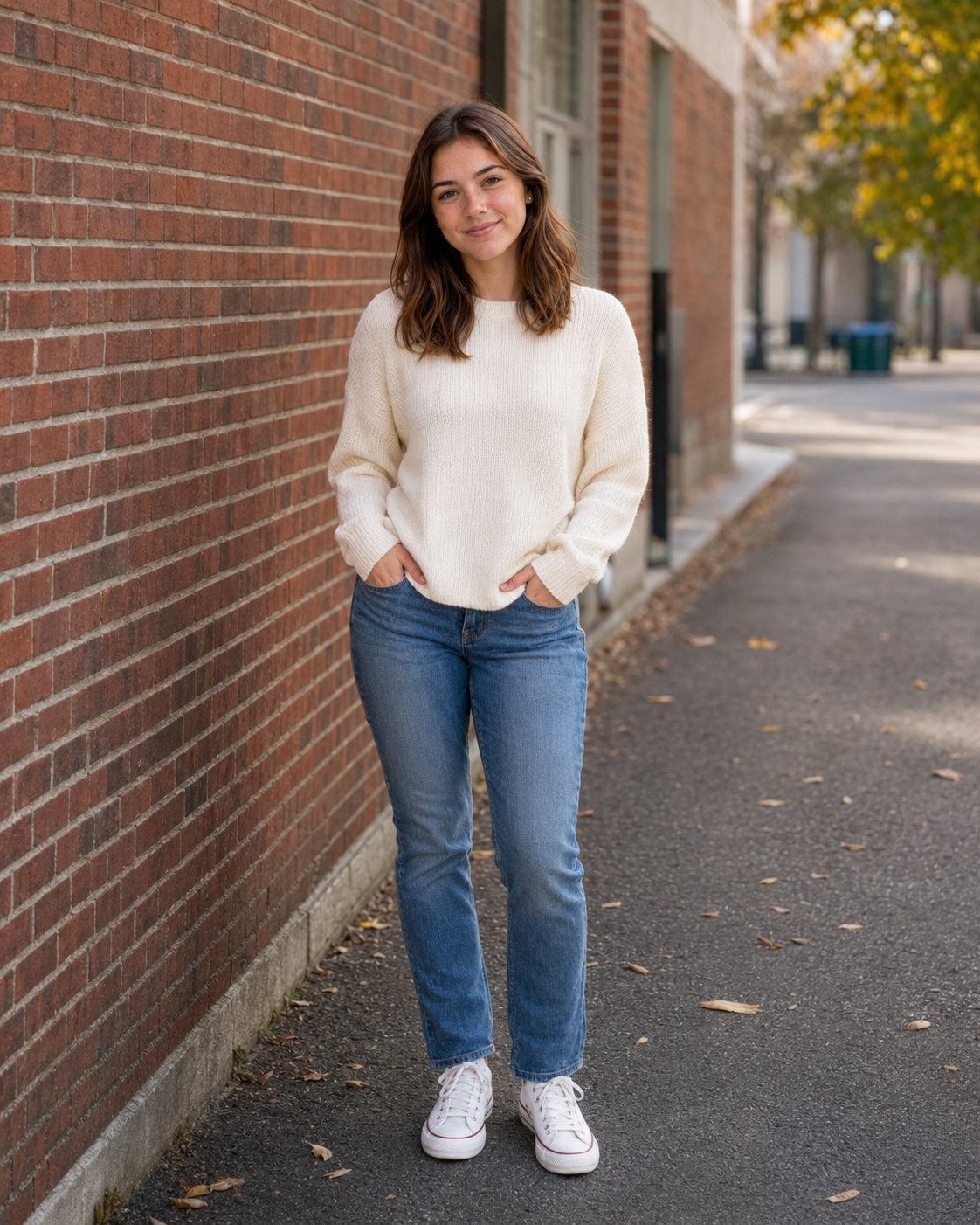 Young woman in cream sweater and jeans smiling on a brick sidewalk.